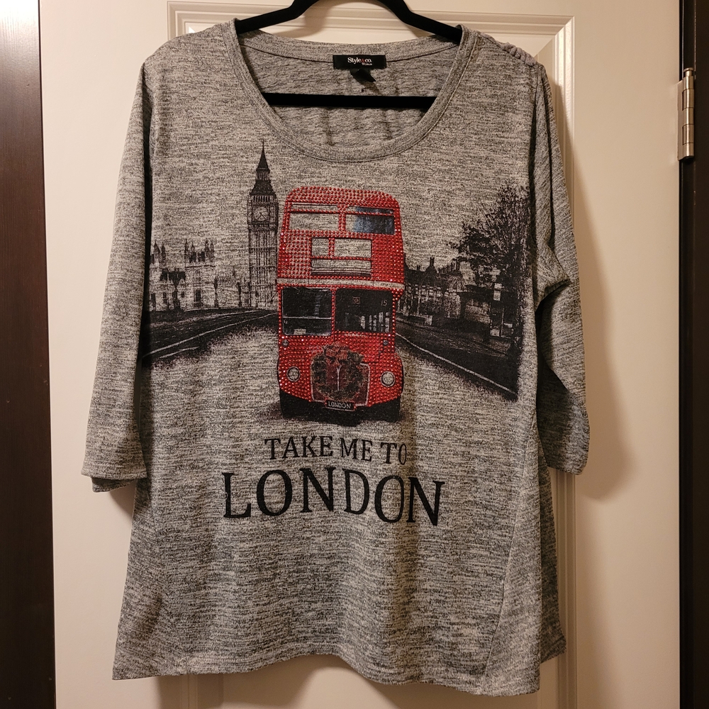 Women's Plus Size Style & Co. Gray Long Sleeve Tee with London Bus Design